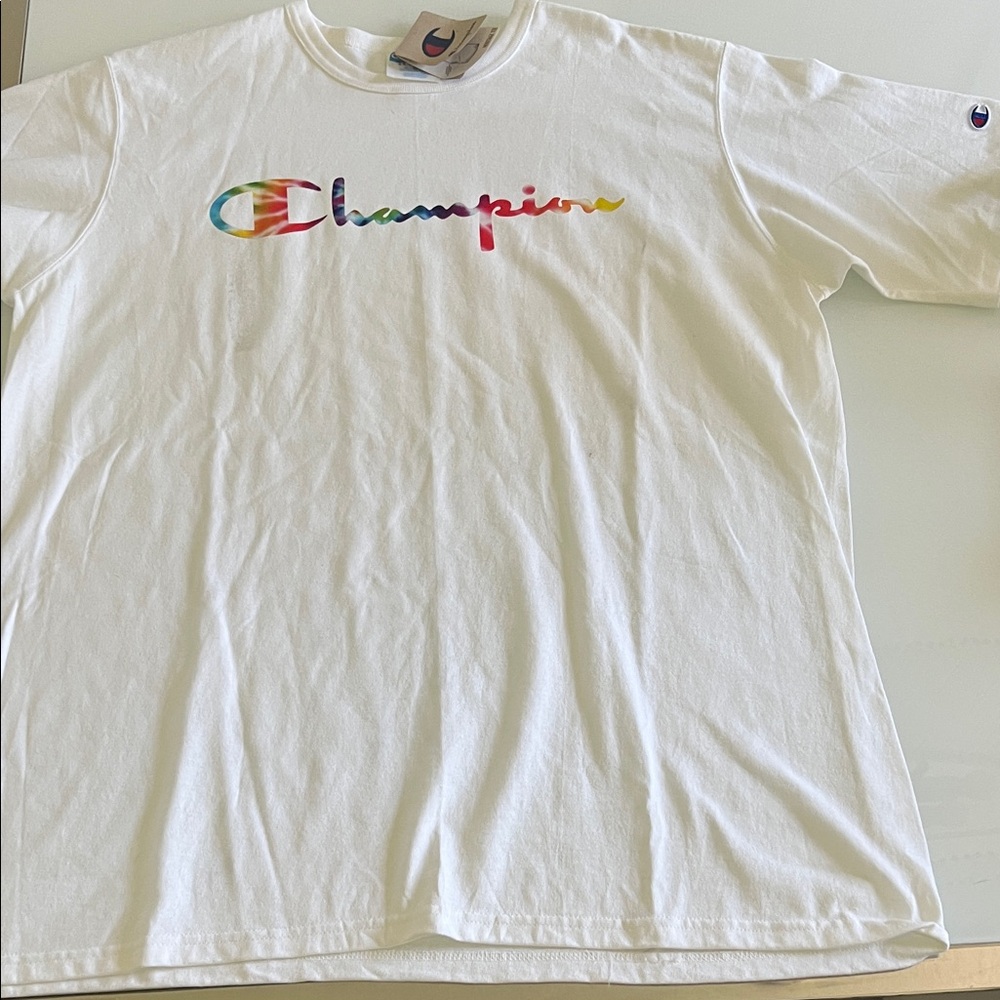Champion White Tee with Colorful Logo